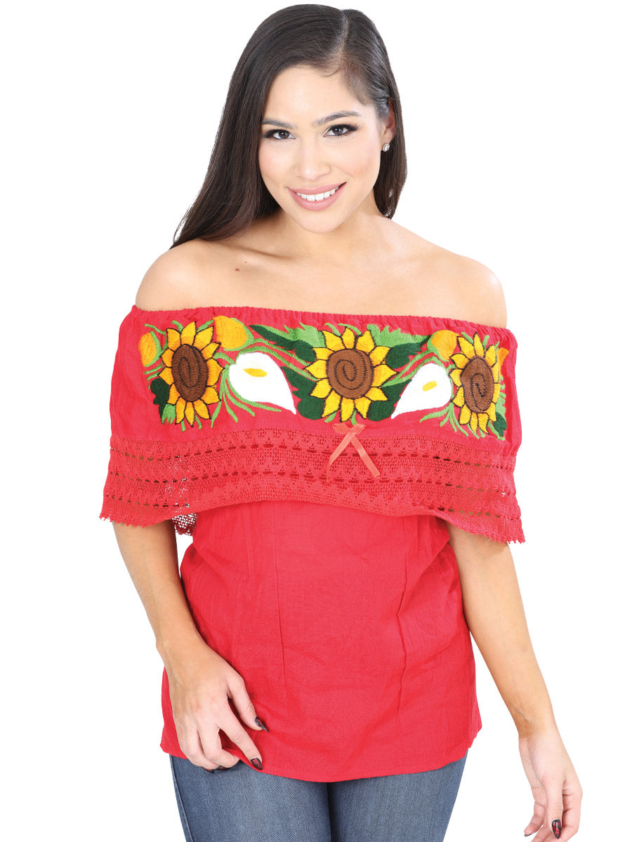 Artisanal Embroidered Blouse 50% Cotton, %50 Polyester Red 601703