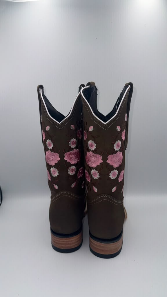 WOMEN'S PINK FLOWER EMBROIDERED WESTERN BOOTS SQUARE TOE