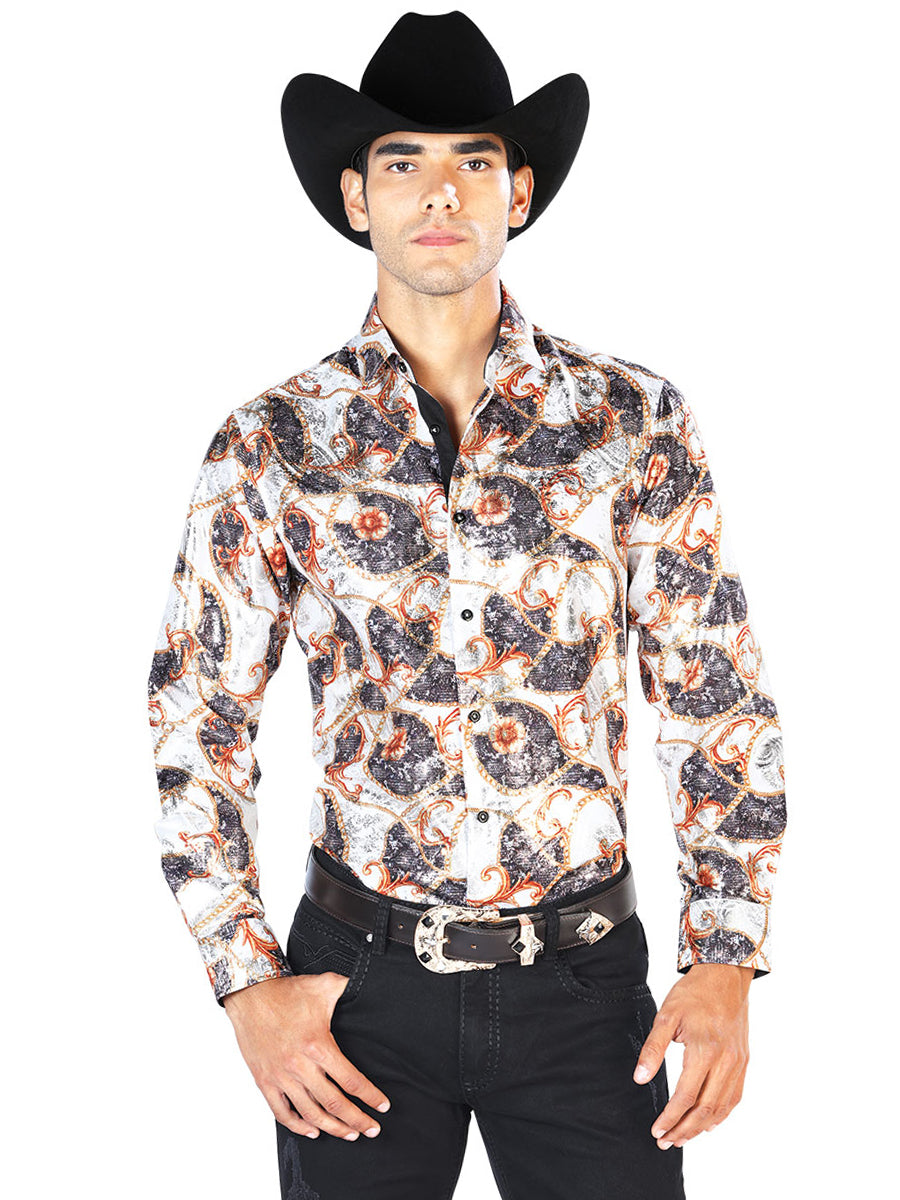 Off White And Gold Casual Long Sleeve  Shirt 43566