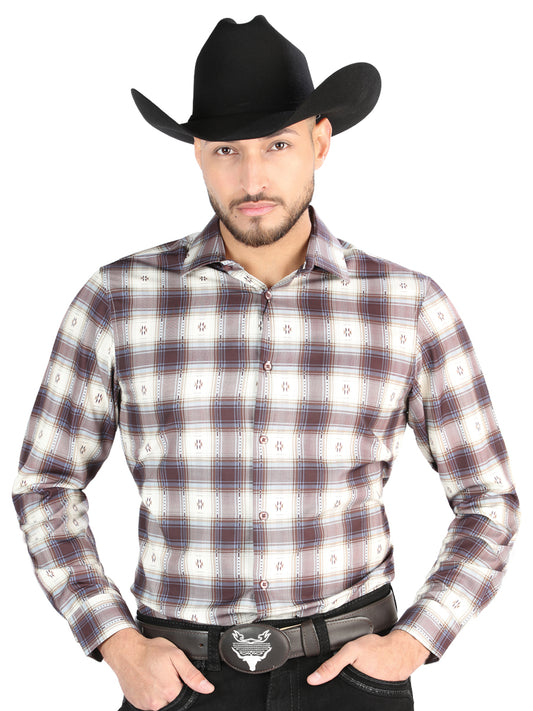 El General - Casual Long Sleeve Shirt - Beige/Burgundy 44713