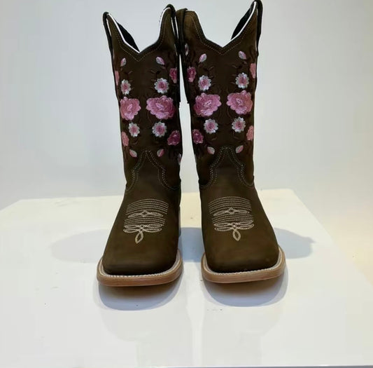 WOMEN'S PINK FLOWER EMBROIDERED WESTERN BOOTS SQUARE TOE