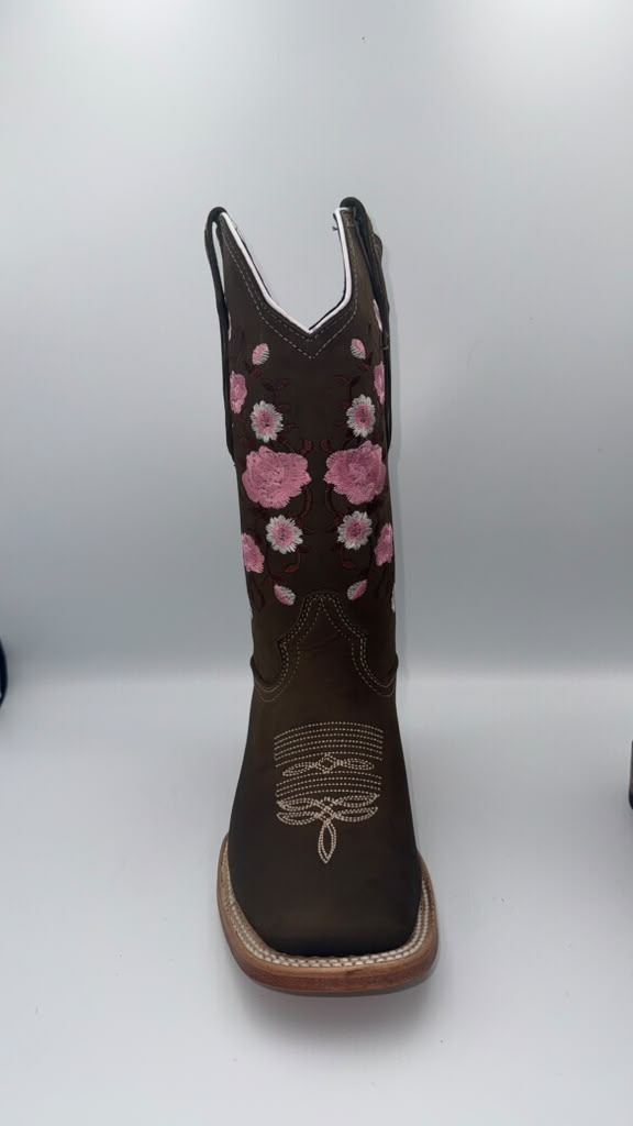 WOMEN'S PINK FLOWER EMBROIDERED WESTERN BOOTS SQUARE TOE