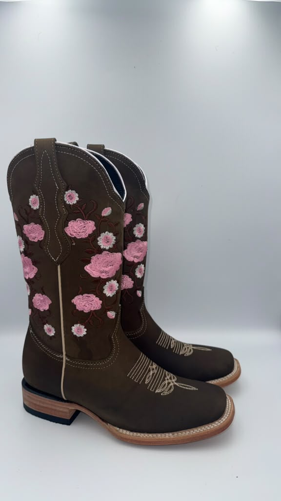 WOMEN'S PINK FLOWER EMBROIDERED WESTERN BOOTS SQUARE TOE