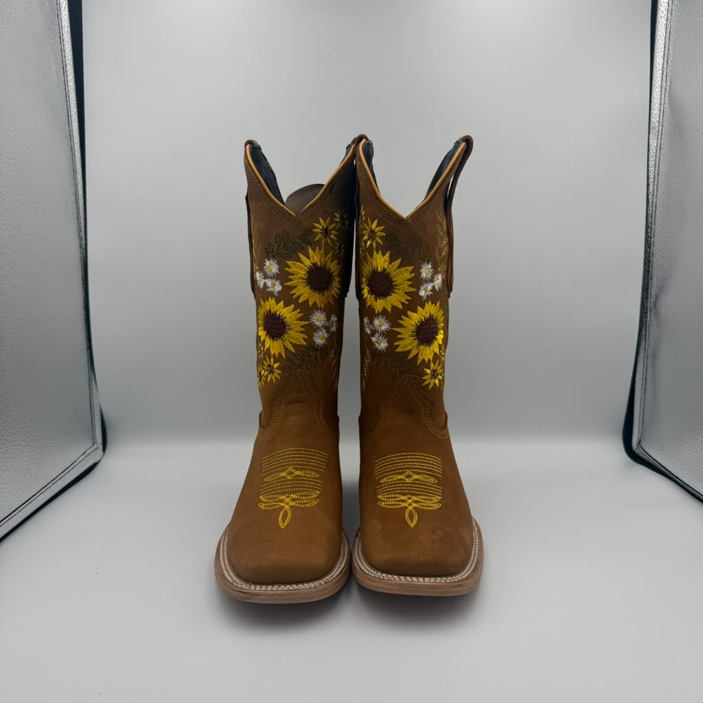 FLOWER EMBROIDERED WESTERN BOOTS SQUARE TOE